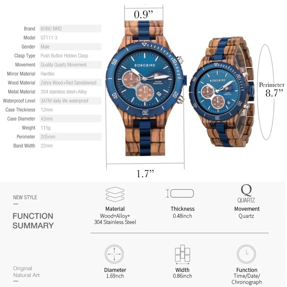 Luxury Zebra Wood Blue Chronograph Military Quartz Watch - Picture 16 of 16